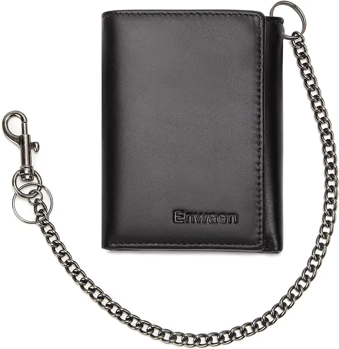 Mens Wallet with Chain, Genuine Leather Trifold Wallet RFID Blocking Anti-Theft Chain for Biker, Motorcycle(Black)