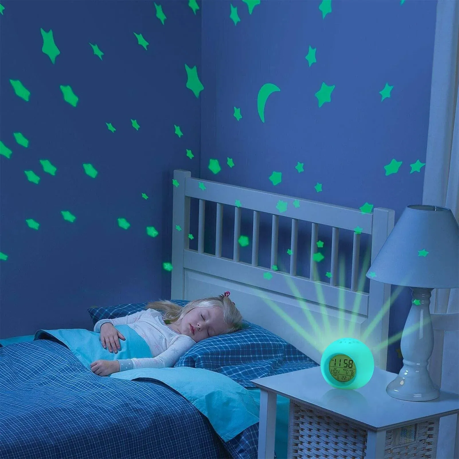 Kids Alarm Clock with Moon Stars Projector - 7 Color Night Light - Sleep Trainer