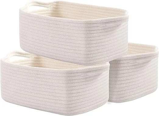 Off White Storage Cubes Baskets Bins for Shelves Set of 3, Rectangular Closet Storage Cube Baskets, Skin-friendly Woven Rope Baskets for Organizing, Woven Cube Storage Bins for Baby Nursery