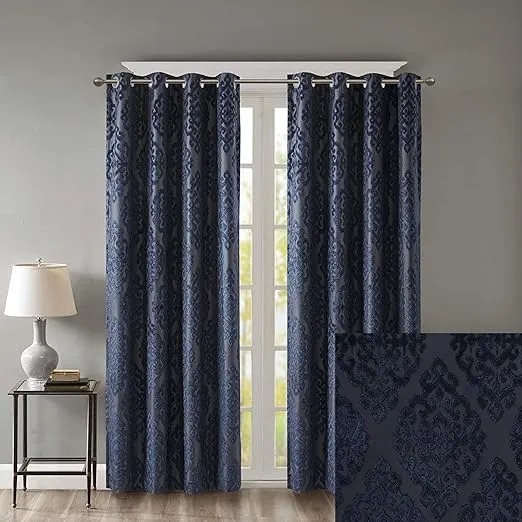 SUN SMART Mirage 100% Total Blackout Single Window, Knitted Jacquard Damask Room Darkening Curtain Panel with Grommet Top, 50 x 95 in, Navy