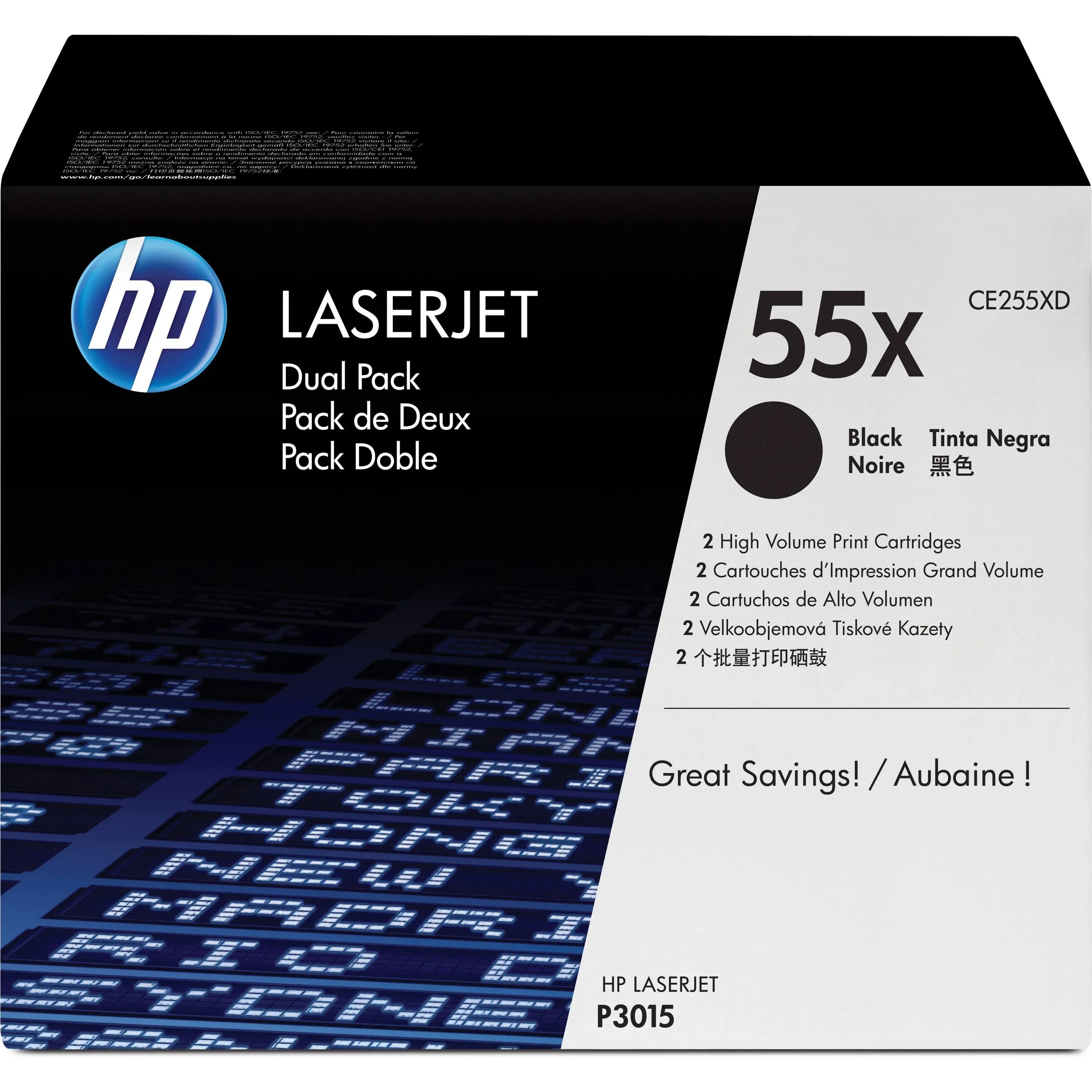 HP 55X Black High Yield Toner Cartridge, 2/Pack (CE255XD)