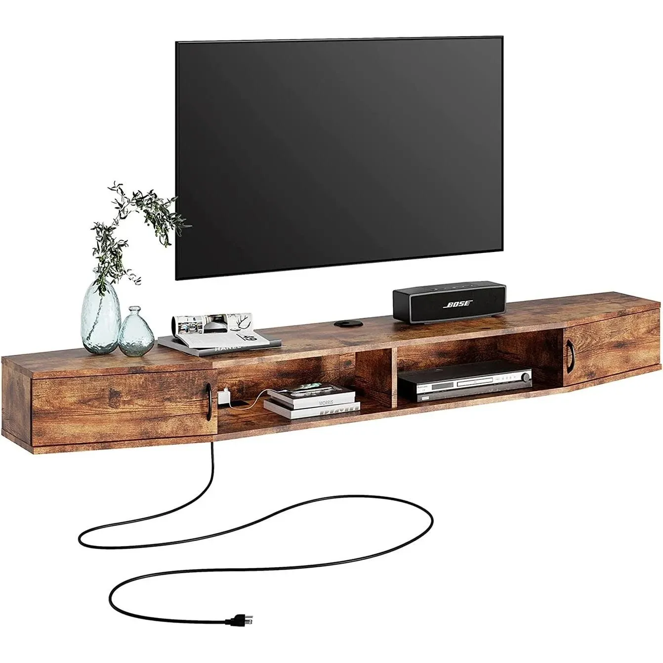 FITUEYES Floating TV Shelf with Power Outlet 70", Wall Mounted TV Stand, Media Console Stand with Doors, Entertainment Shelf for Living Room, Bedroom，Rustic Brown