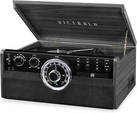 Victrola Mid Century 6-in-1 Bluetooth Record Player & Multimedia Center with Built-in Speakers - 3-Speed Turntable, CD & Cassette Player, AM/FM Radio | Wireless Music Streaming | GreyVictrola Mid Century 6-in-1 Bluetooth Record Player &…