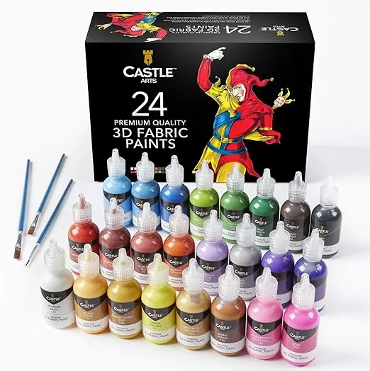 Castle Art Supplies 3D Fabric Paint Set | 24 Quality Vibrant Colors in 29ml Bottles | for Artists; for Crafters; for Fun | Clothing Textile Canvas