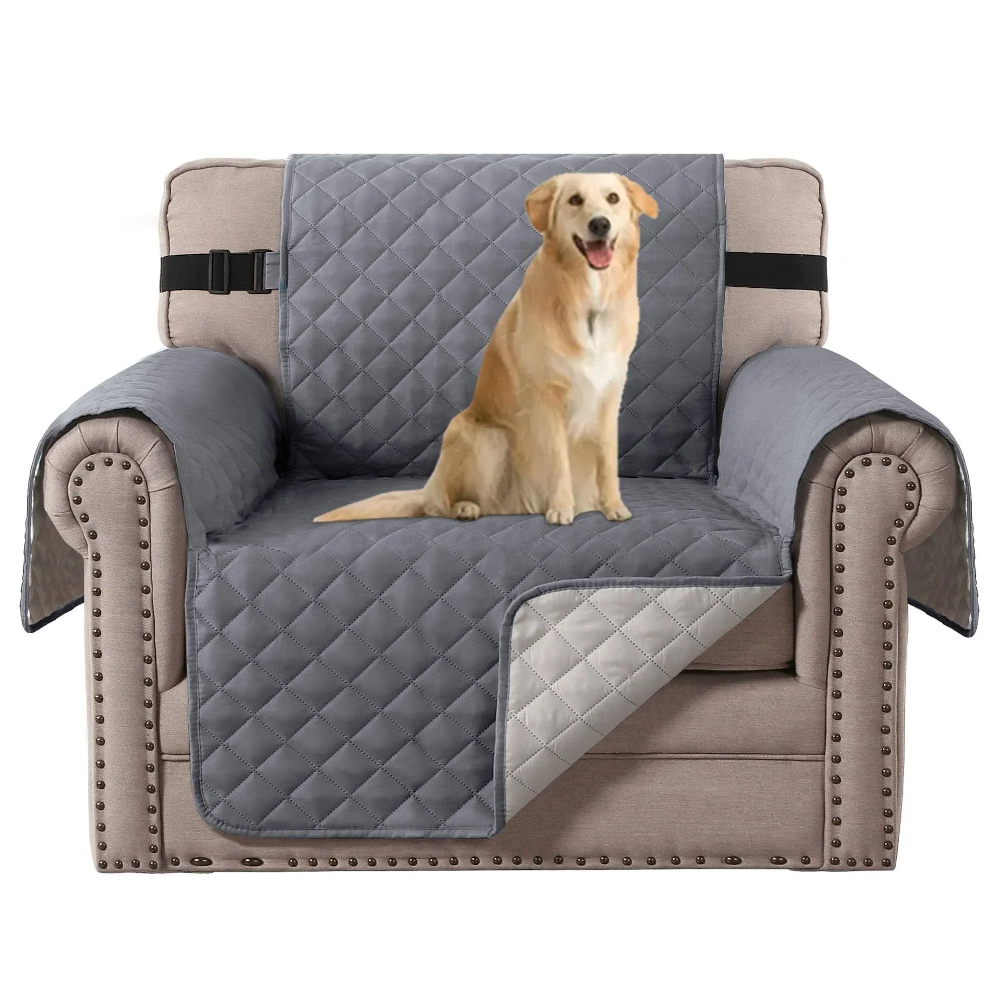 H.VERSAILTEX Reversible Quilted Recliner Covers Water Resistant Furniture Protector for Reclienr Chair with Elastic Straps for Pets Kids Sitting Width Up to 22"(Recliner, Black/Grey)