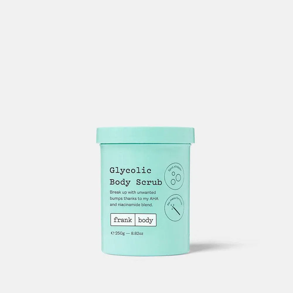 frank Body Glycolic Body Scrub | Vegan, Cruelty Free, Exfoliating Body Scrub | Helps to Fight Breakouts and Soothes Skin & Marks with AHA, Pumice, Witch Hazel, and Niacinamide | 8.82 oz / 250 g