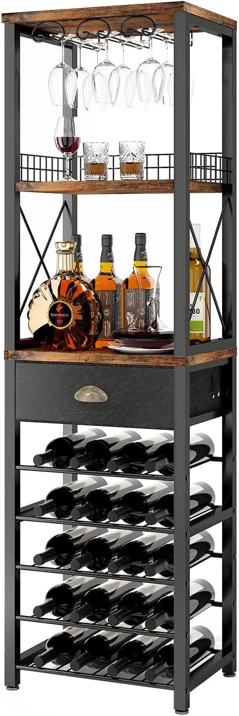 Homeiju Wine Rack Freestanding Floor, Bar Cabinet for Liquor and Glasses, 4-Tier bar Cabinet with Tabletop, Glass Holder, Storage Drawer and Wine Storage for Living Room, Home Bar(Patent No.D29872845)