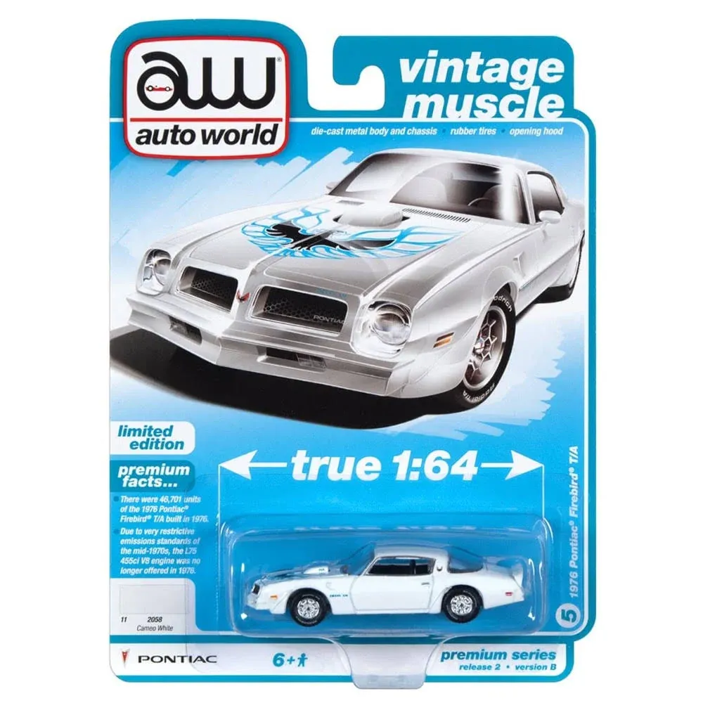 1976 Pontiac Firebird Trans Am Cameo White w/Blue & Black Bird Hood Graphic Vintage Muscle Ltd Ed 1/64 Diecast Model Car by Auto World 64362-AWSP104 B