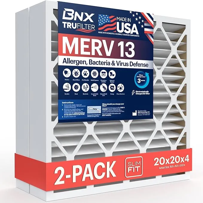 BNX TruFilter 20x20x4 (19.5 x 19.5 x 3.63 Slim Fit) MERV 13 Air Filter (2-Pack) - Made in USA - Air Conditioner HVAC AC Furnace Filters Health,