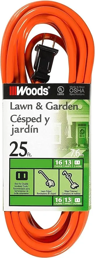 Woods 0723 16/2 SJTW General Purpose Extension Cord; Medium Duty; Ideal for Landscaping and Powering Appliances; Water Resistant Flexible Vinyl Jacket; Durable Molded Plug; 50 Foot; Orange