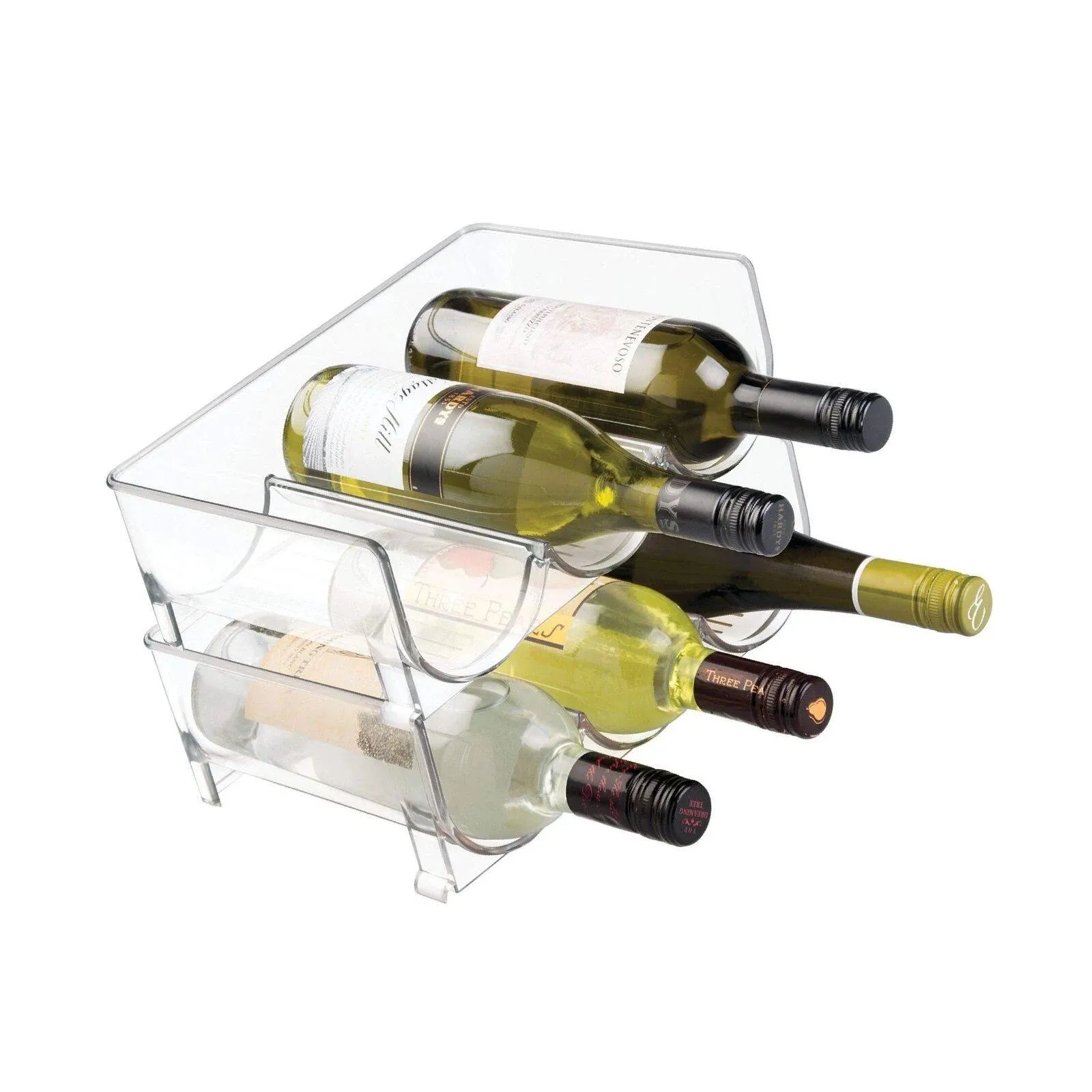 mDesign Stackable Plastic 3 Bottle Refrigerator Wine Rack - Kitchen Storage Organizer for Champagne, Wine or Water Bottles - Stacking Wine Organizer for Fridge - Ligne Collection - 2 Pack - Clear