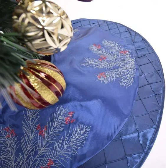 Large Pine Branches Berry Embroidered Faux Silk Christmas Tree Skirt with Pintuck Border 50'' Blue (50 inch)