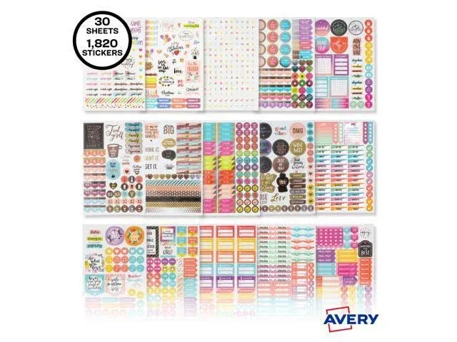 Avery Planner Sticker Variety Pack for Moms, Budget, Family, Fitness, Holiday, Work, Assorted Colors, 1,820/Pack