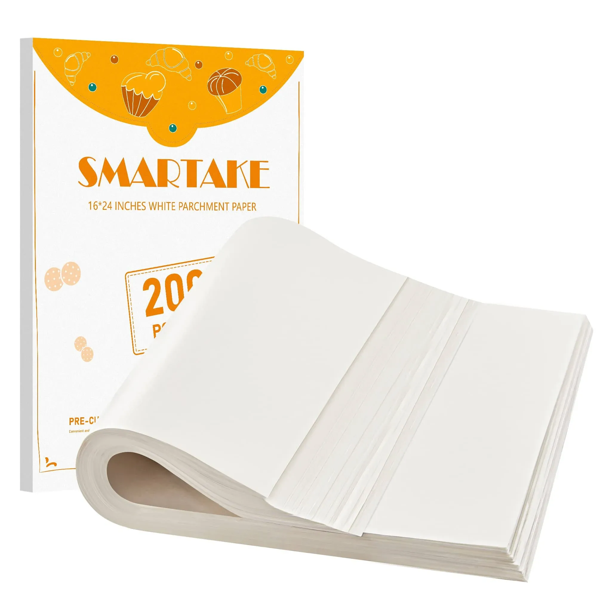 SMARTAKE 200 Pcs Parchment Paper Baking Sheets, 16x24 Inches Non-Stick Precut Baking Parchment, Suitable for Baking Grilling Air Fryer Steaming Bread Cup Cake Cookie and More (White)