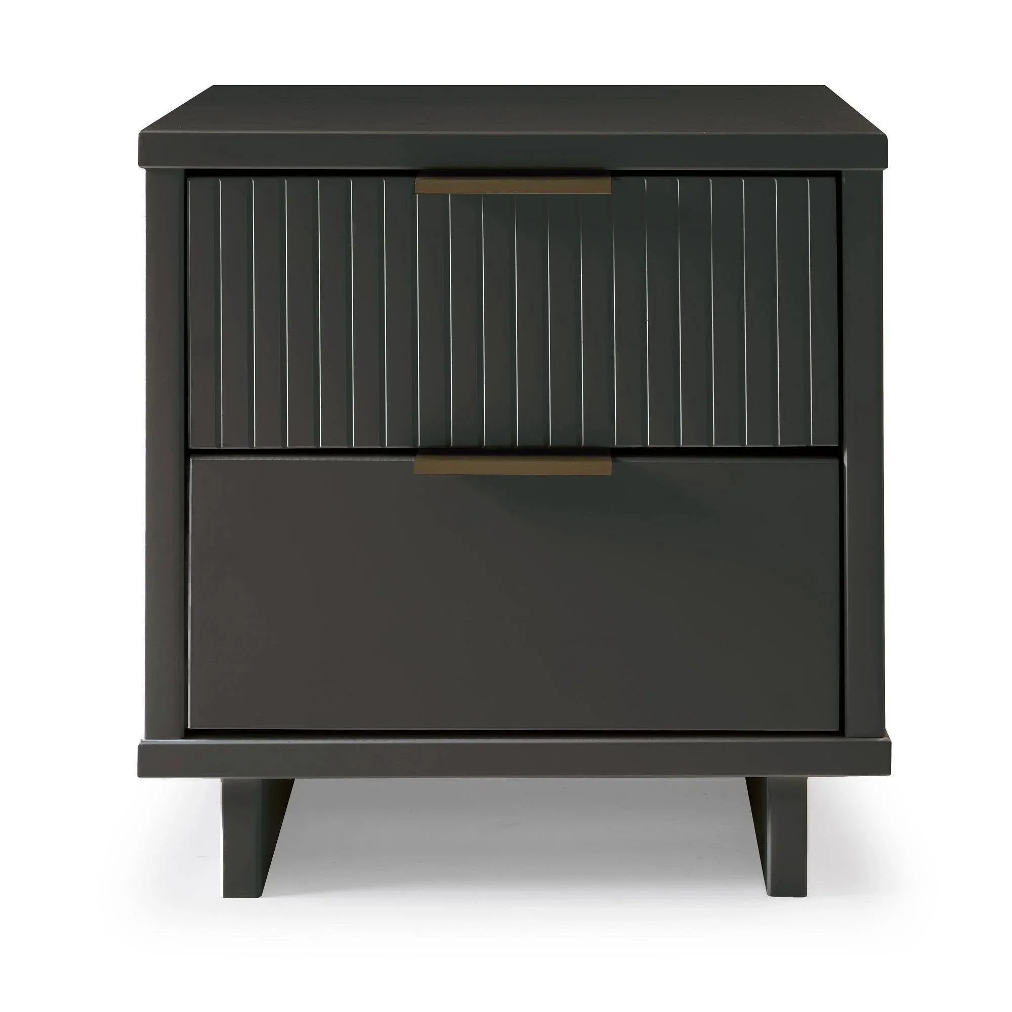 Manhattan Comfort Granville Modern Nightstand 2.0 with 2 Full Extension Drawer, Textured Ribbed Lines Design with Gold Accent, Bedside or End Table for Bedroom or Living Room, Dark Grey