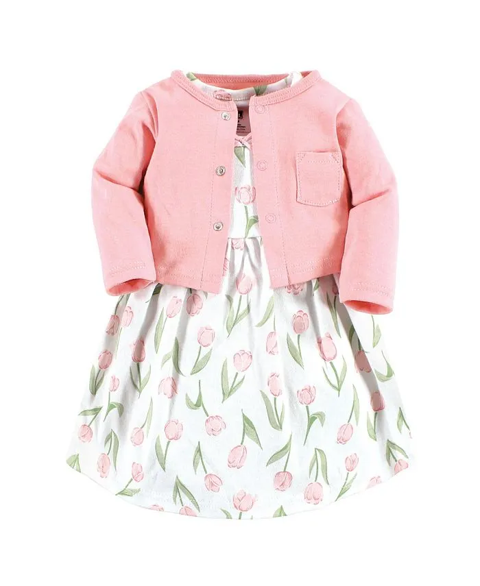 Baby Girls Cotton Dress and Cardigan Set, Pink Tulips
    
        Baby Girls Cotton Dress and Cardigan Set, Pink Tulips