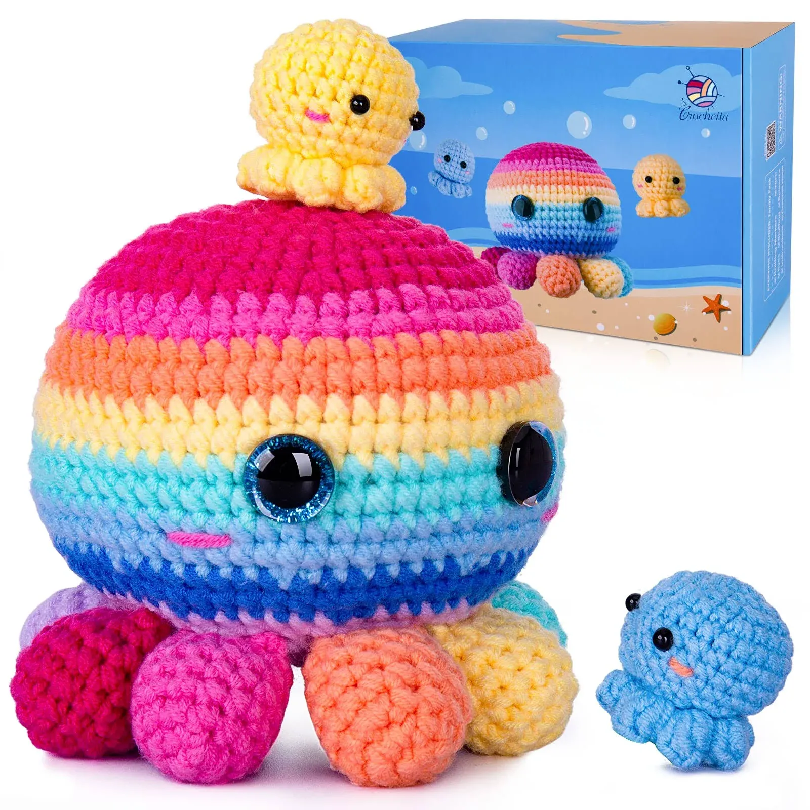  Crochet Kit for Beginners, Crochet Kit Step-by-Step Colorful Octopus Family