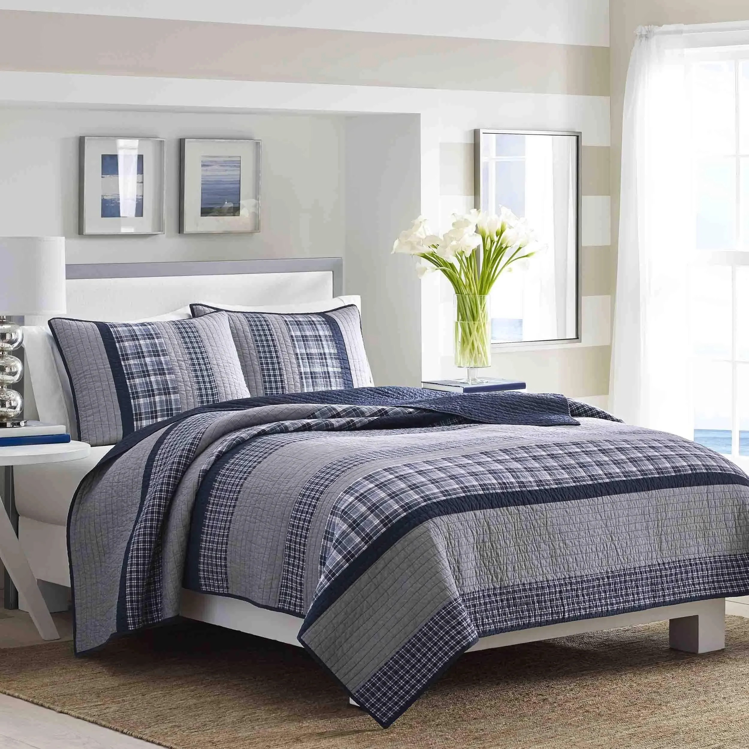 Nautica Adleson Twin Quilt Blue Gray Reversible 100 % Cotton Brand New