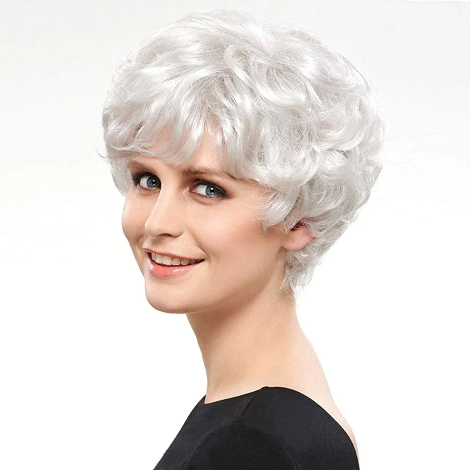 Sallcks Short Curly White Wigs Natural Layered Synthetic Wigs Halloween Cosplay ...