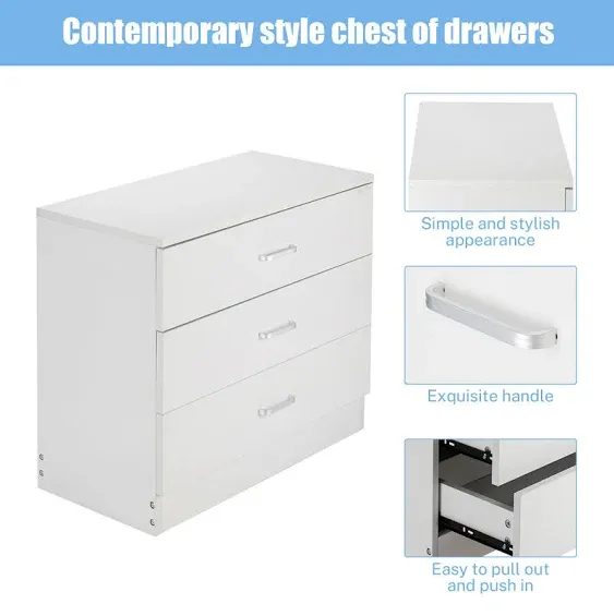 PAPROOS 3 Drawer Dresser, Bedroom Chest of Drawers, Wood Dresser Organizer Cabinet, Modern Small Dresser Storage Cabinet, Easy Assembly, White