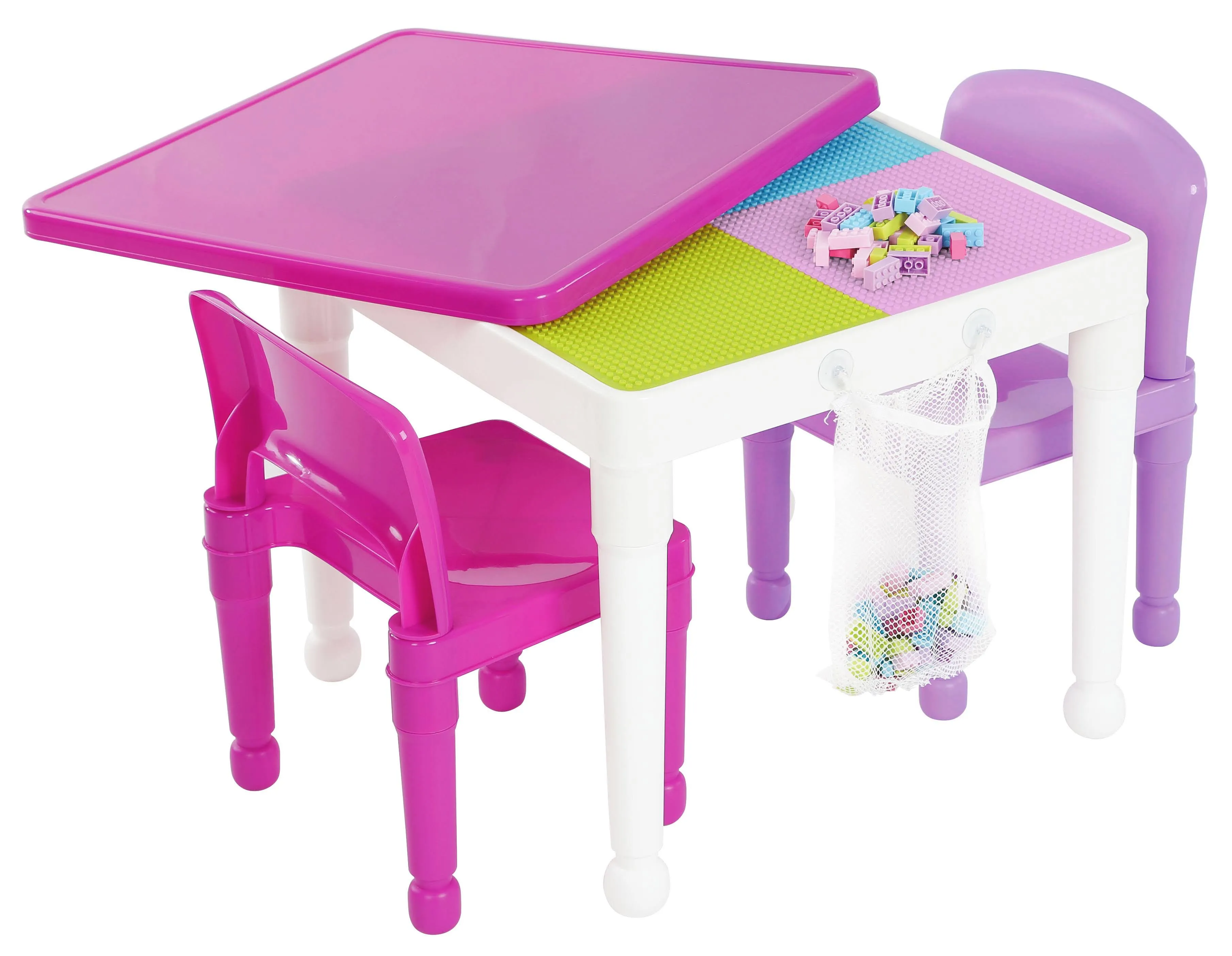 2-in-1 Kids Platic Activity Table &amp; 2 Chair Set, White, Pink &amp; Purple