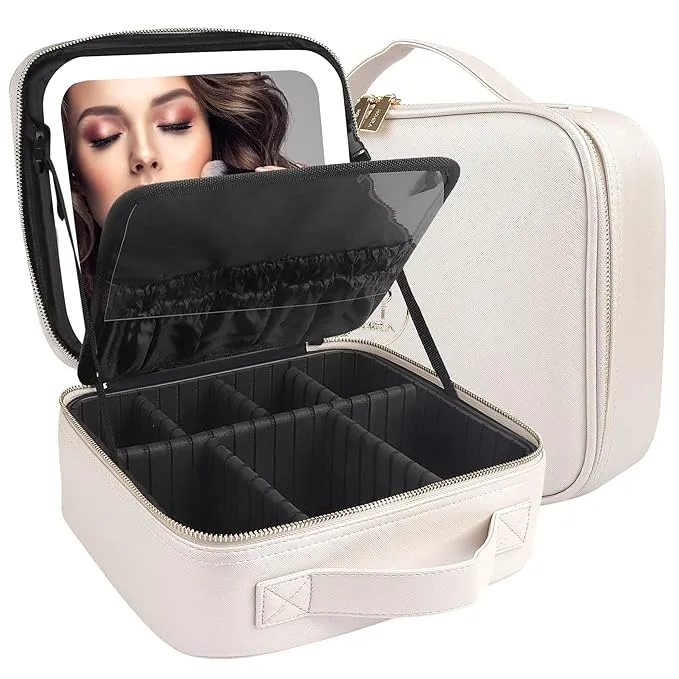 MOMIRA Makeup Bag with Mirror and Light Travel Makeup Train Case Cosmetic Bag Organizer Portable Artist Storage Bag with Adjustable Dividers Makeup