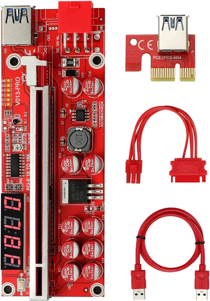 Joylifeboard PCIe-Express Risers 1x to 16x for Bitcoin Litecoin ETH Mining , 10 Capacitors Adapter,VER009S Pro with GPU Riser Adapter Card PCIe Riser, w/ RGB LED Light+60cm USB 3.0 Cable, 6 Pack