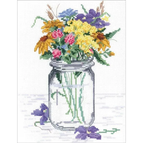 Janlynn Wildflower Jar Counted Cross Stitch Kit 8"x10" 14 Count