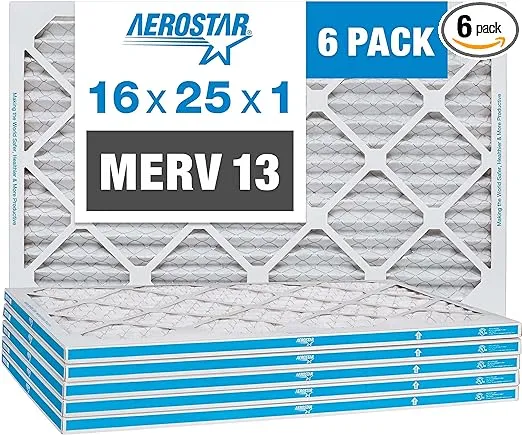 Aerostar 16x25x1 MERV 13 Pleated Air Filter, AC Furnace Air Filter, 6 Pack (Actual Size: 15 3/4" x 24 3/4" x 3/4")