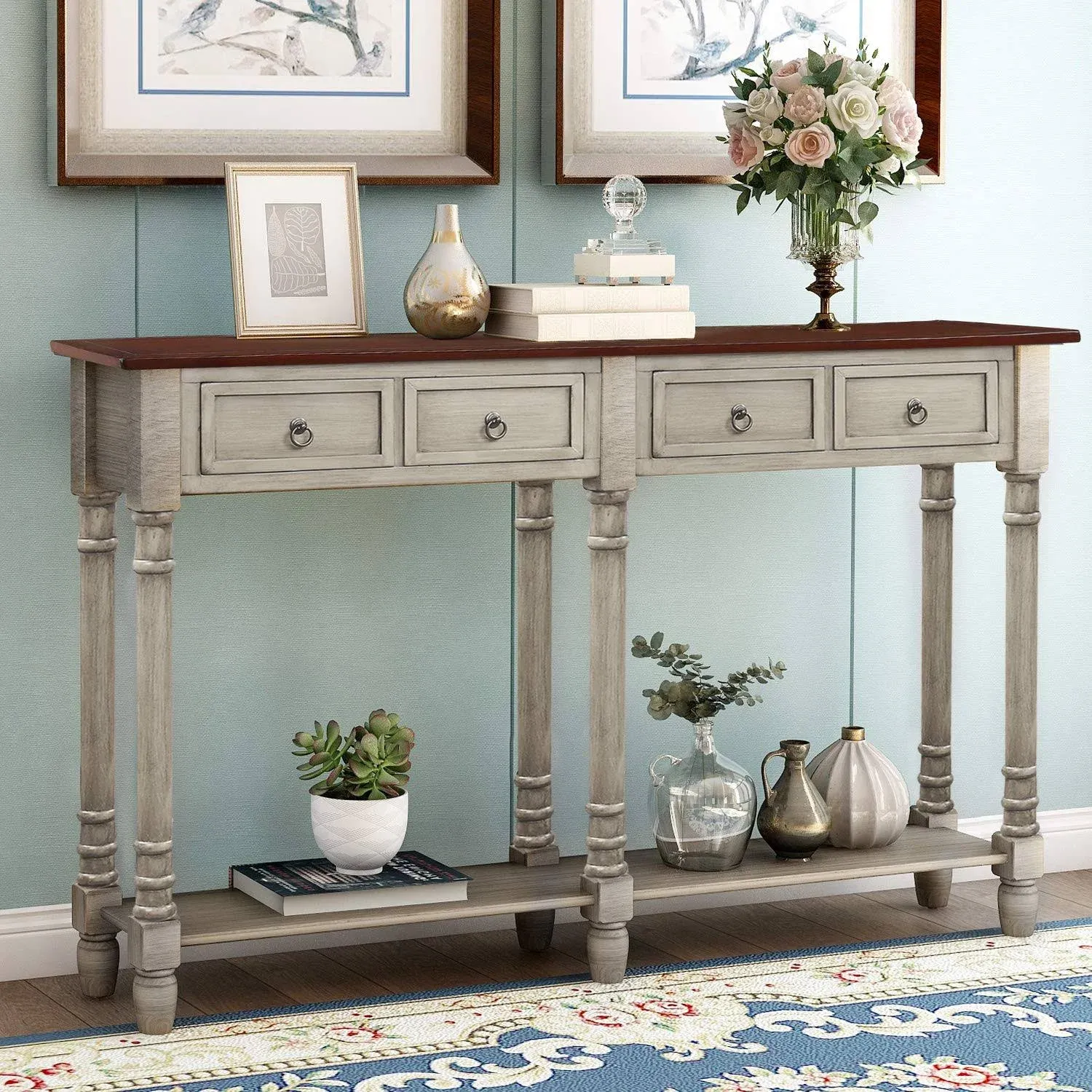 AWQM Console Table with Drawers, Long Shelf Sofa Table, Ideal for Living Room,Entryway/Hallway, 58”L x 11”W x 34”H,Antique Grey