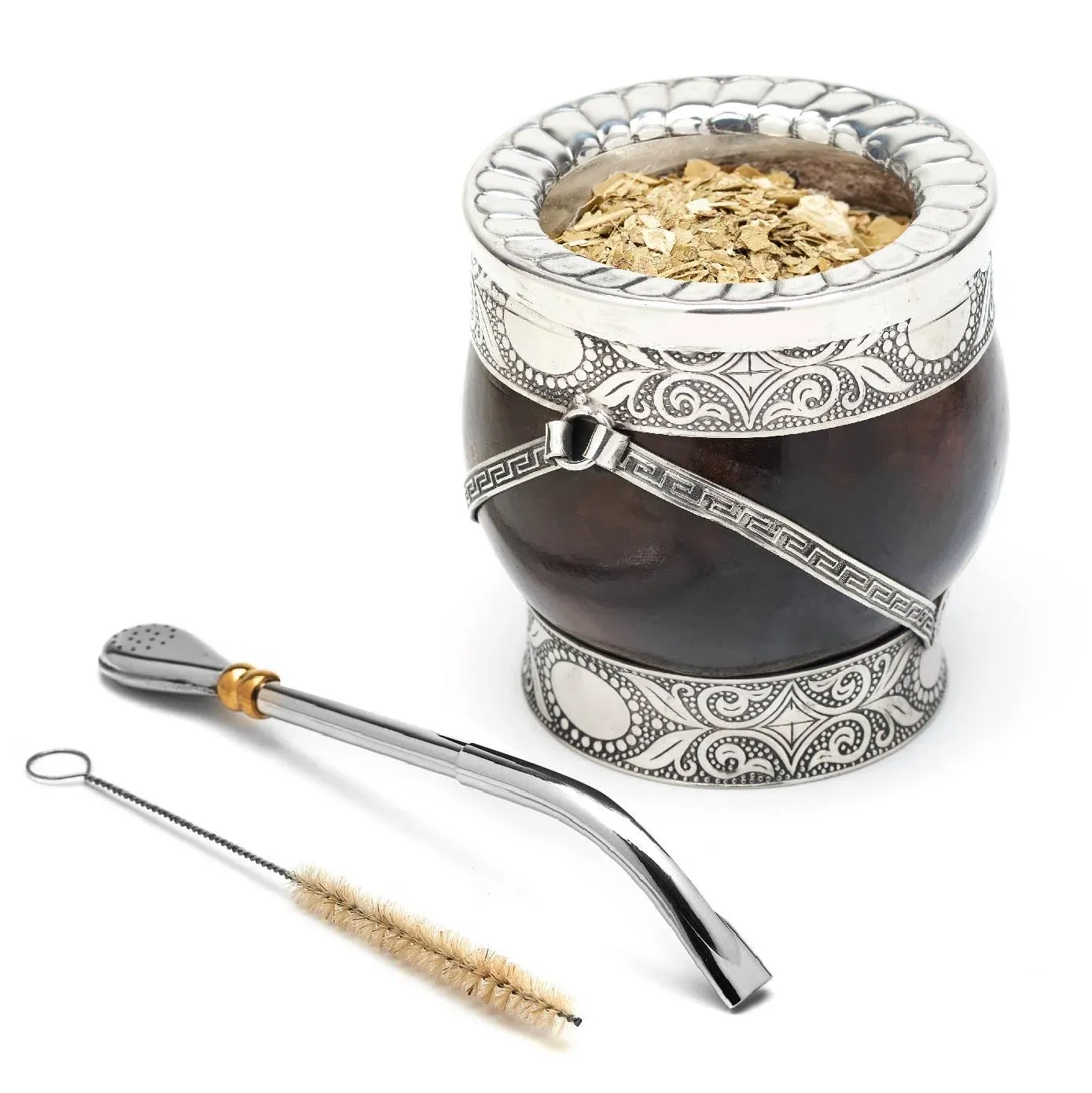 BALIBETOV Selected Collection - Yerba Mate Gourd (Mate Cup) - Premium Mate Gourd With German Silver Details - Includes Stainless Steel Bombilla and Cleaning Brush. (The Pampa Mate)