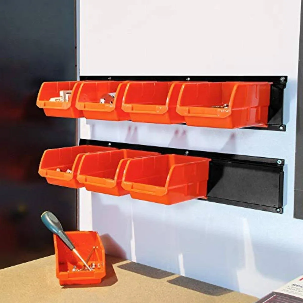 WallMaster 8-Bin Storage Bins Garage Rack System 2-Tier Orange Tool or