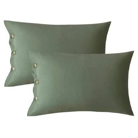 JELLYMONI Pillowcases King Set of 2 Cotton Button Pillow Covers 20×36in Green Bed Pillow Cases 100% Washed Cotton Soft Breathable (Pillows are not Included)