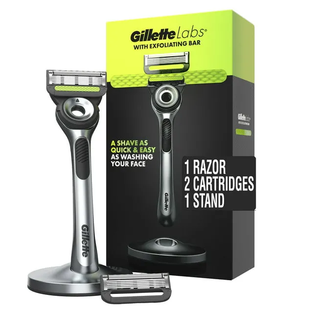 Gillette Labs Mens Razor with Exfoliating Bar, Shaving Kit for Men, Includes 1 Handle, 2 Razor Blade Refills, 1 Premium Magnetic Stand