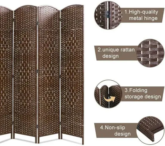 YRLLENSDAN 71in Wood Room Divider Screen with 4 Panels, Room Dividers and Folding Privacy Screens Wall Divider for Living Room Bamboo Room Divider for Room Separation, Brown