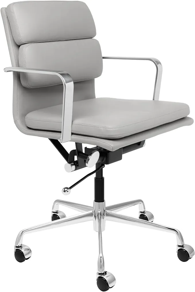 Laura Davidson Furniture SOHO II Padded Management Office Chair - Mid Back Desk Chair with Arm Rest, Swivel & Cushion Availability, Made of Faux Leather, Grey, Computer Chair