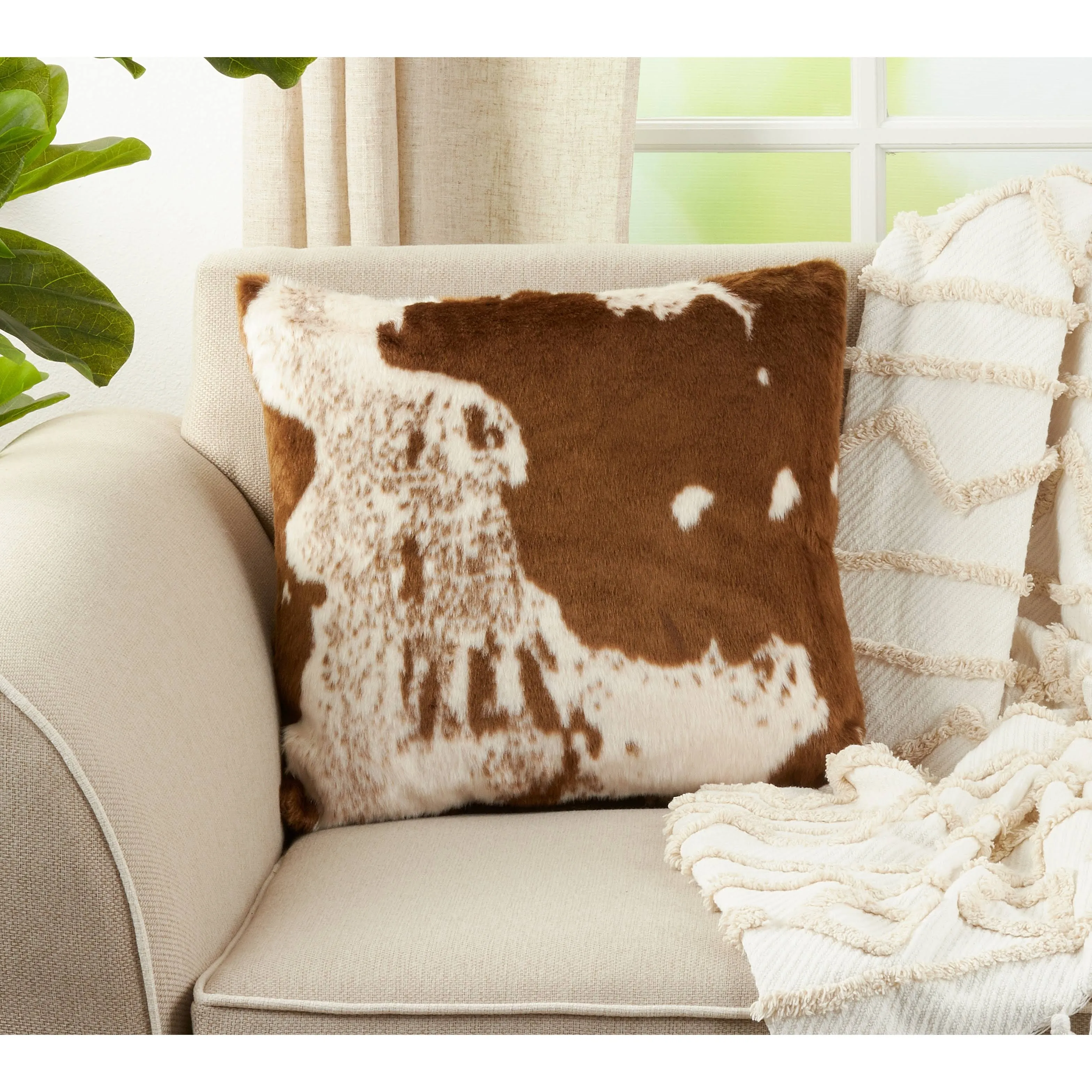 Urban Faux Cowhide Throw Pillow, Brown, 18", Cover Only