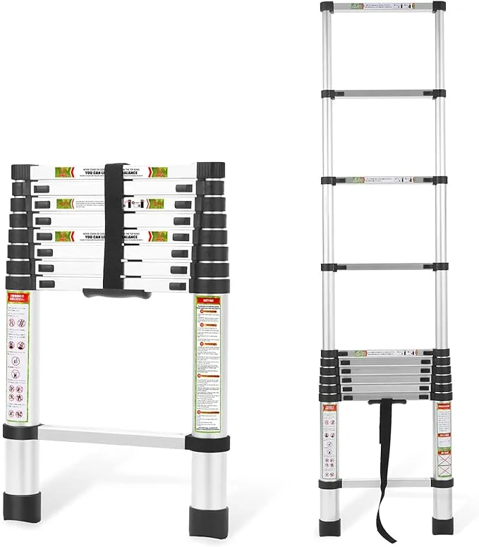 Telescopic Ladder, 8.5FT RIKADE Aluminum Telescoping Ladder with Non-Slip Feet and Stable Hook, Portable Extension Ladder for Household and Outdoor Working, 330lb Capacity Black