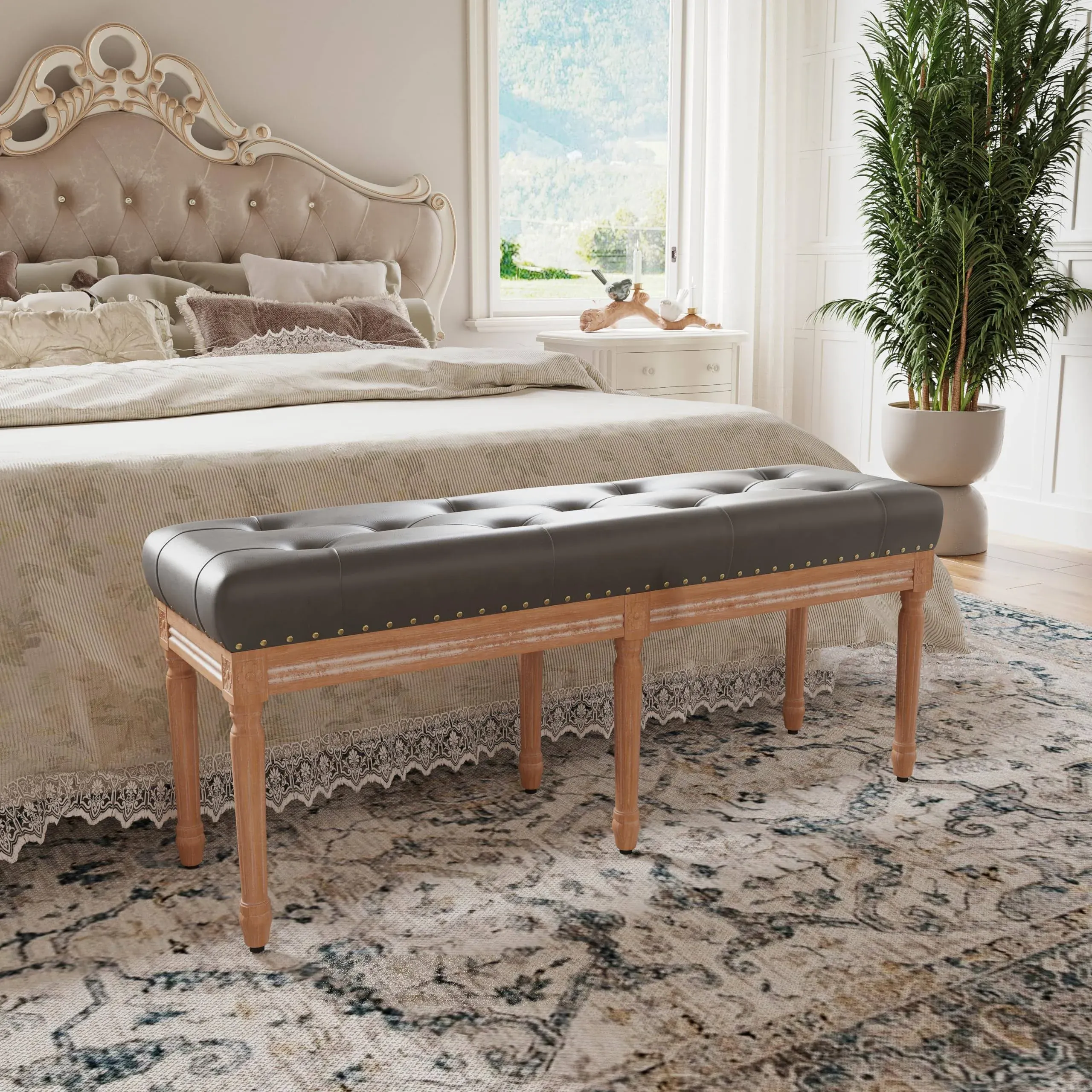 48” Bed Bench for Bedroom End of Bed Bench, Faux Leather Bedroom Bench Ottoma...