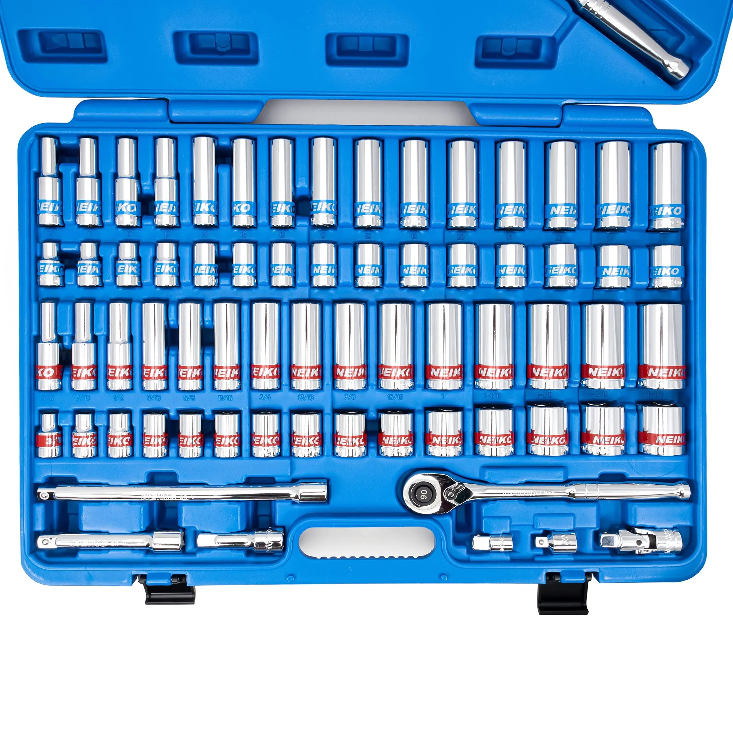 Neiko 02479A 1/2 Inch-Drive Colored Mechanics Tool Ratchet, Socket Set, 68 Piece