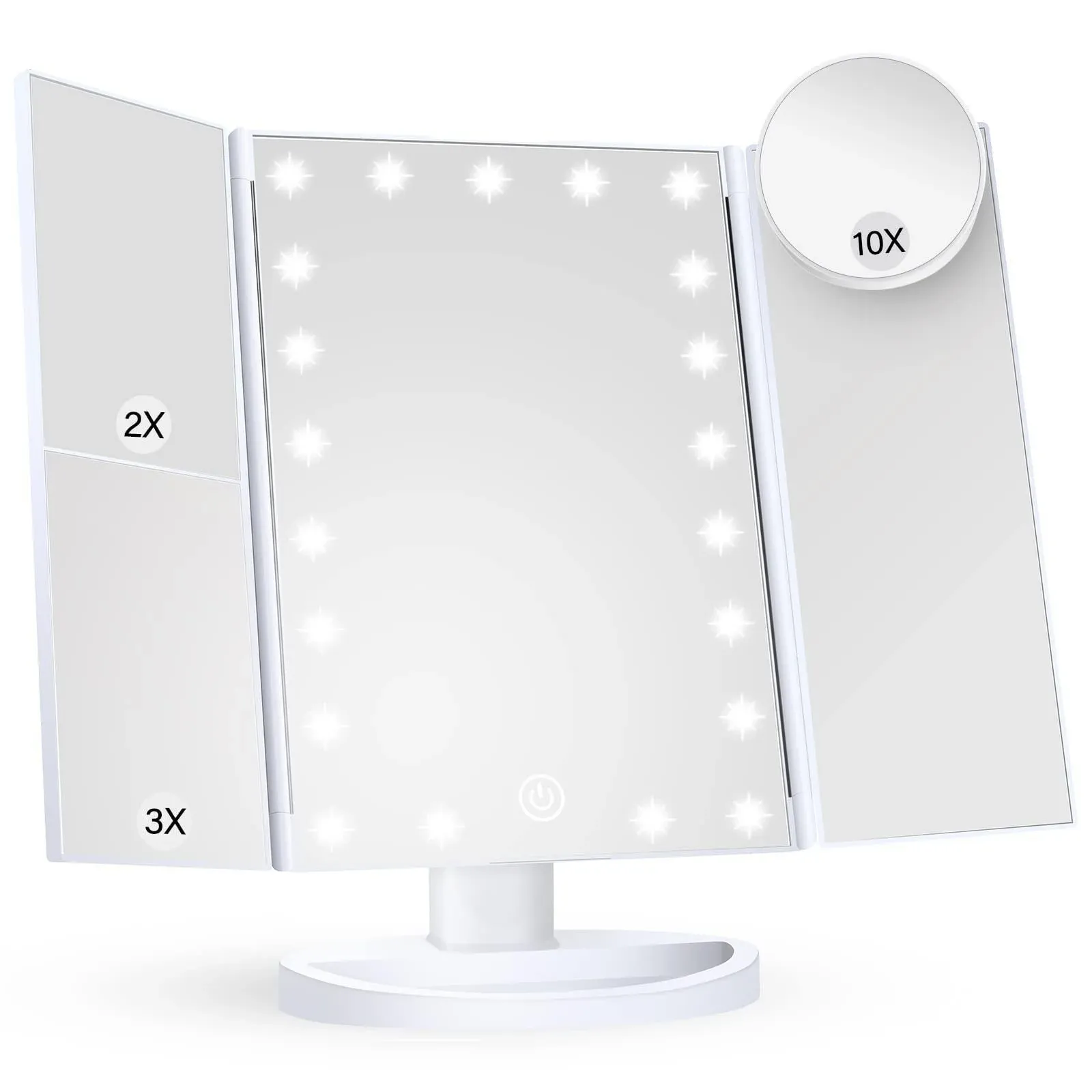 HUONUL Makeup Mirror Vanity Mirror with Lights, 2x 3X 10x Magnification, Lighted Makeup Mirror, Touch Control, Trifold Makeup Mirror, Dual Power