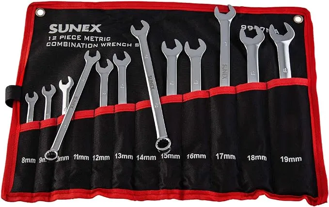 Sunex Tools 9917MA Metric V-Groove Combination Wrench Set, 8mm - 19mm, Fully Polished, 12-Piece (Includes Roll-Case)