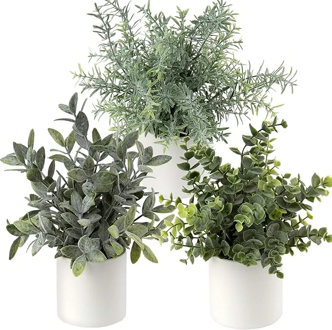 Briful Mini Fake Plants Set of 3 Small Faux Plant Eucalyptus Rosemary Greenery Potted Plants Artificial Decor for Home Table Office Room Desk Bathroom Shelf Kitchen Farmhouse Mantel Decoration