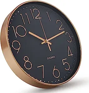 SUOHUI 12 Inch Silent Wall Clock Non-Ticking Modern Style Wall Clocks Battery Operated for Home/Bedroom/Office/Classroom/School/Living Room Decor(Golden Frame Black Dial)