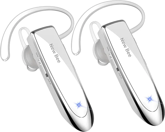 New bee [2 Pack] Bluetooth Earpiece V5.0 Wireless Handsfree Headset 24 Hrs Driving Headset 60 Days Standby Time with Noise Cancelling Mic Headsetcase for iPhone Android Laptop Truck Driver(White)