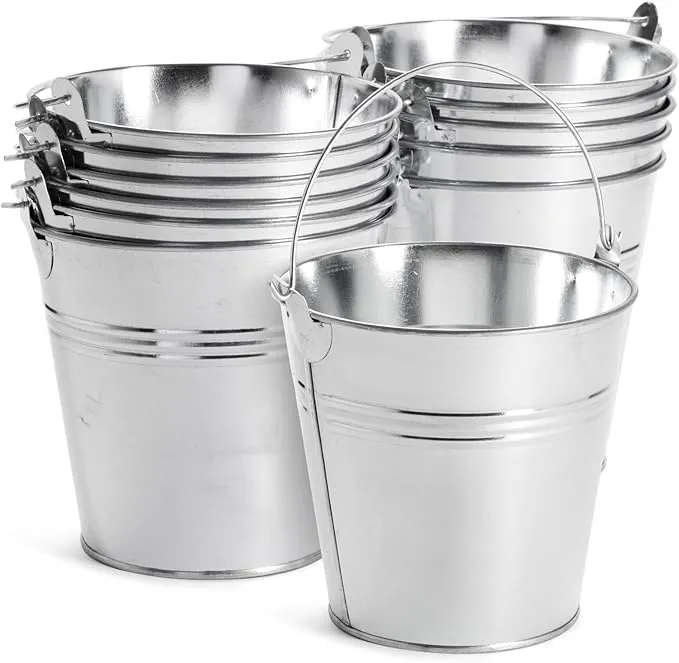 Juvale 12 Pack Galvanized Metal Buckets with Handles for Party Decorations, Small Tin Pails (4.7 in)