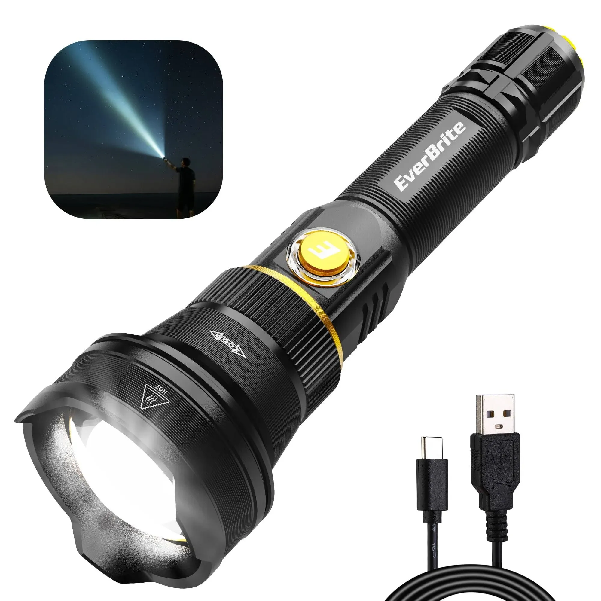 EverBrite Rechargeable Flashlight, 1000 Lumens Zoomable LED Tactical Flashlight with 4 Modes & Memory Function, Including Safety Hammer & USB C Cable for Camping, Hiking, Home, and Emergencies