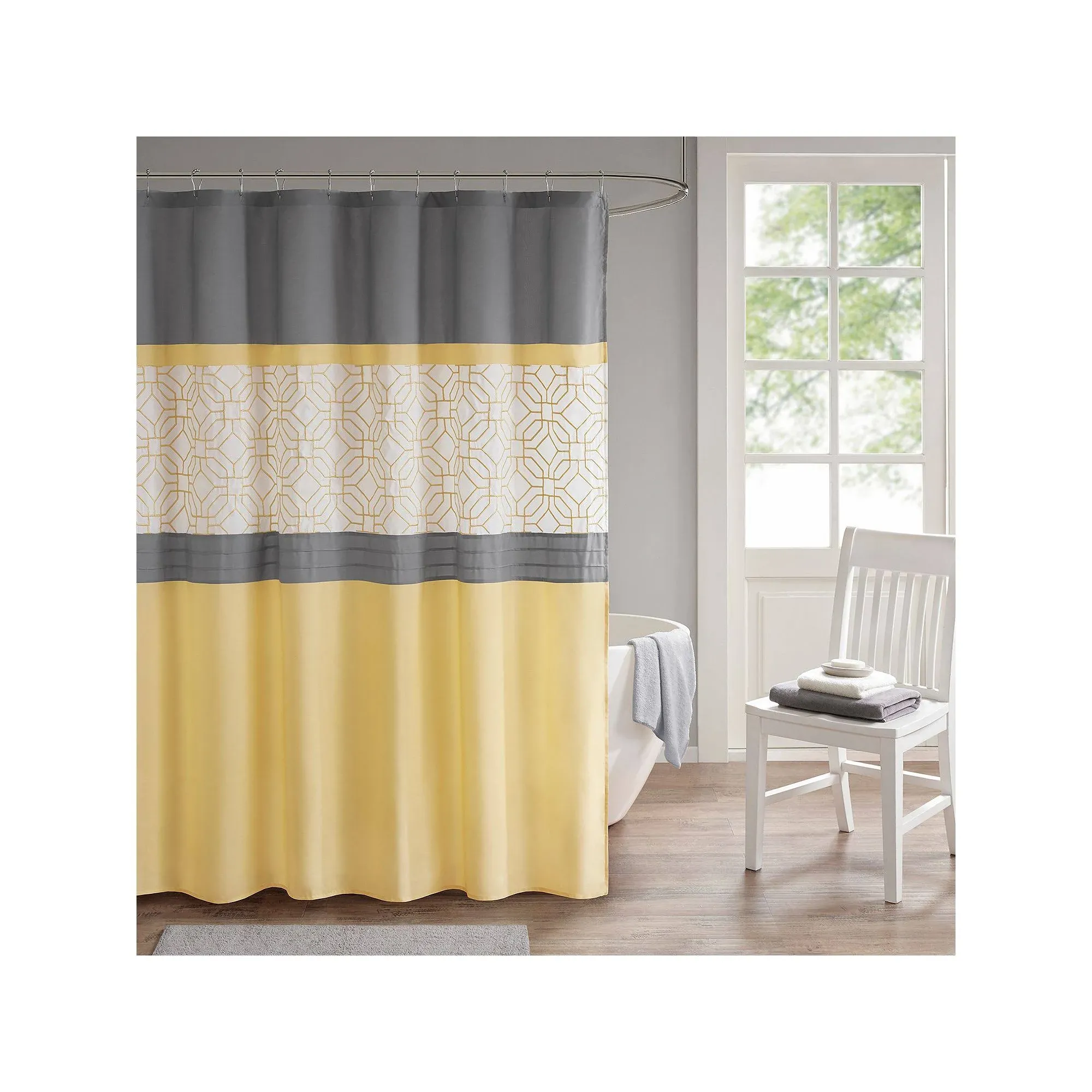 510 Design - Donnell Embroidered and Pieced Shower Curtain with Liner, Yellow/Gray, 72x72"