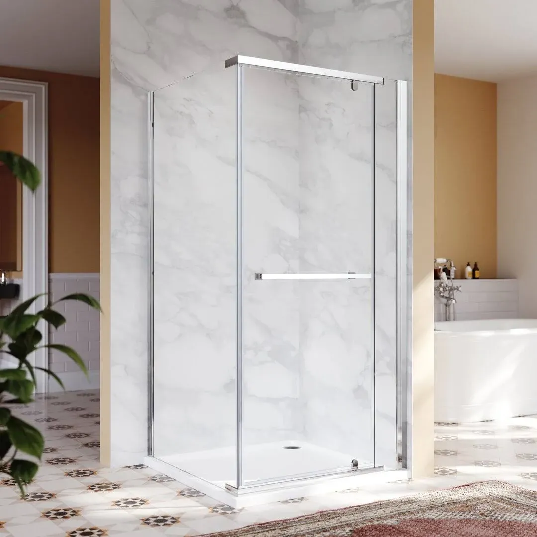 SUNNY SHOWER Corner Sliding Doors 36 in. x 72 in with 1/4 in.Clear Glass Enclosure 2 Fixed Panels & Stalls Matte Black, Black Brushed Nickel,