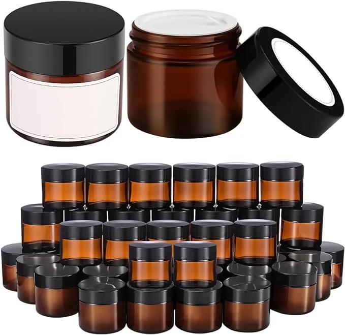 2 oz Small Glass Jars with Lids, Bumobum 48 pack Round Amber Glass Candle Jars with Black Lids, White Labels & Inner Liners, Empty Cosmetic Containers for Cream, Lotion, Slime